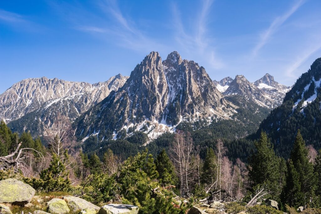 the mountains are covered in snow and trees